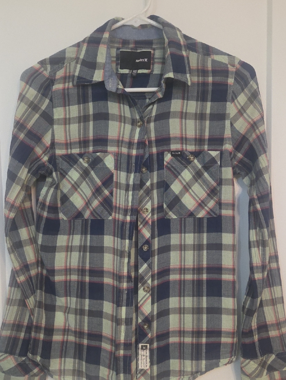 Hurley Blue, White and Red Plaid Button-Up Shirt